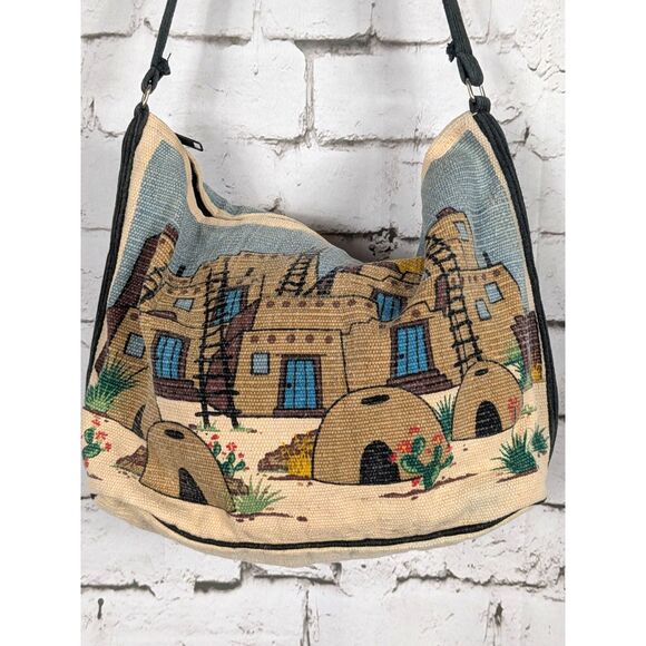 EL PASO SADDLE BLANKET CO. Southwestern Adobe Pueblo Cotton Tote Boho Hippie - Picture 2 of 5